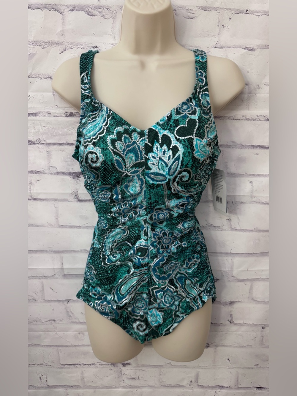 Maxine Of Hollywood 14 One Piece Swimsuit Minimizing Teal V Neck Slimming New